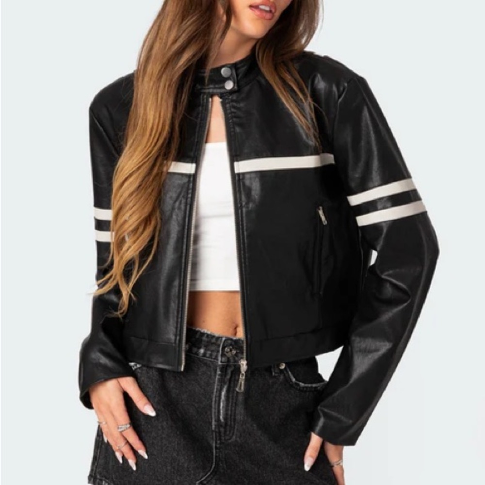 Black Leather Jacket with White Stripes